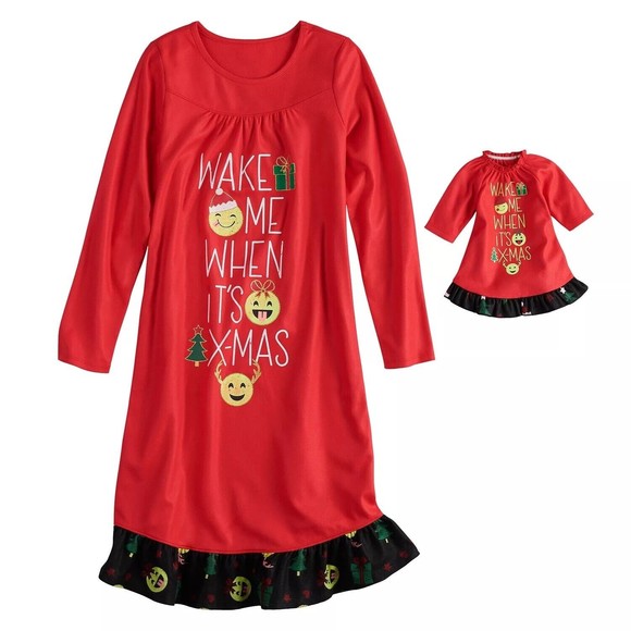 NEW SO Girl's Wake Me When It's Xmas Red Nightgown Doll Gown Set Sizes 4 and 5-6 - Picture 2 of 2